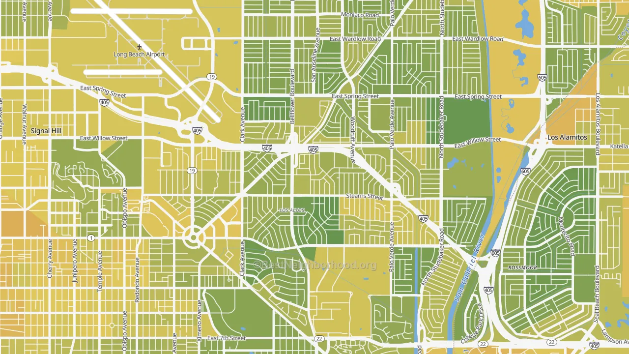 Map of the best neighborhoods in the Los Altos, Long Beach area, with better matches in green and worse matches in red