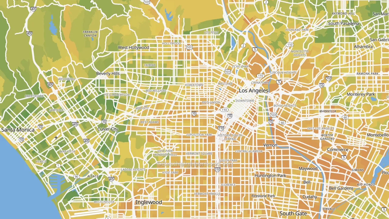Map of the best neighborhoods in the Los Angeles Metro area, with better matches in green and worse matches in red