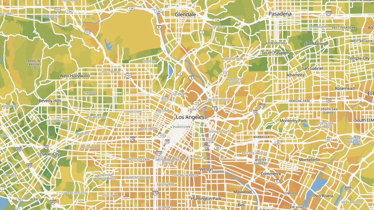 Map of the best neighborhoods in the Los Angeles County area, with better matches in green and worse matches in red