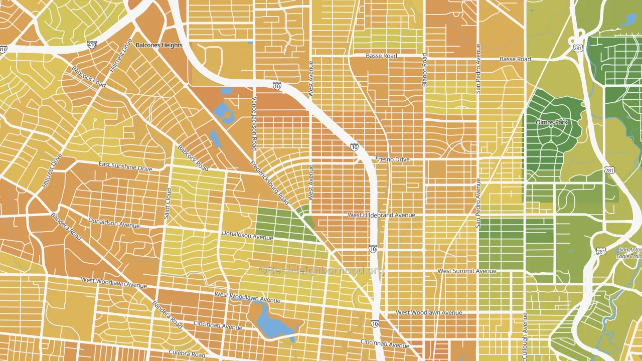 Map of the best neighborhoods in the Los Angeles Heights-Keystone, San Antonio area, with better matches in green and worse matches in red