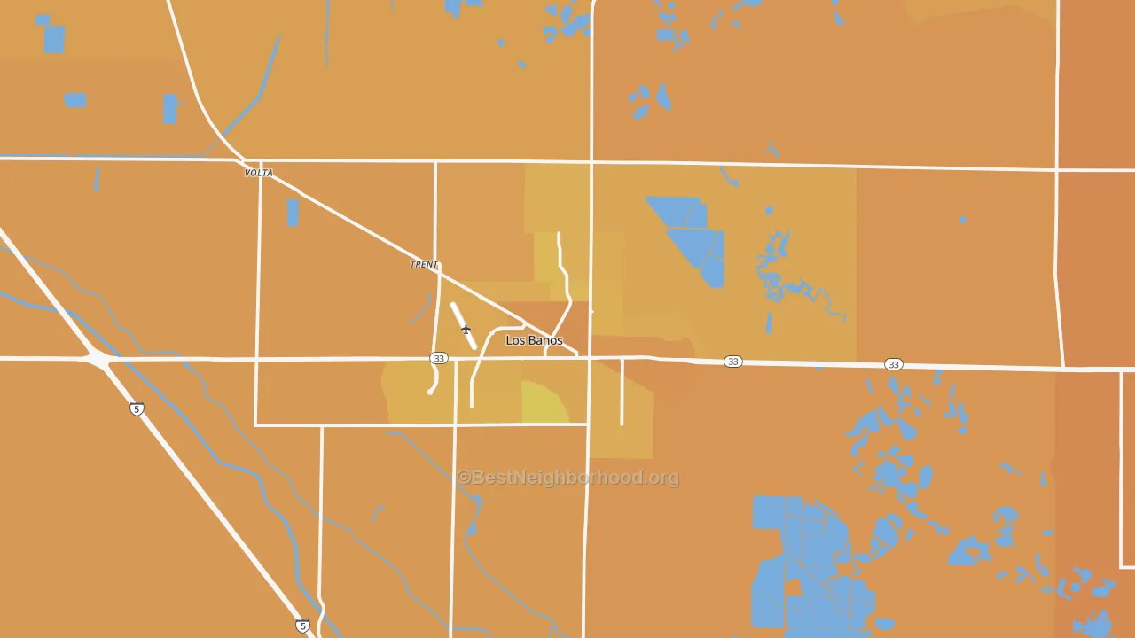 Map of the best neighborhoods in the Los Banos area, with better matches in green and worse matches in red