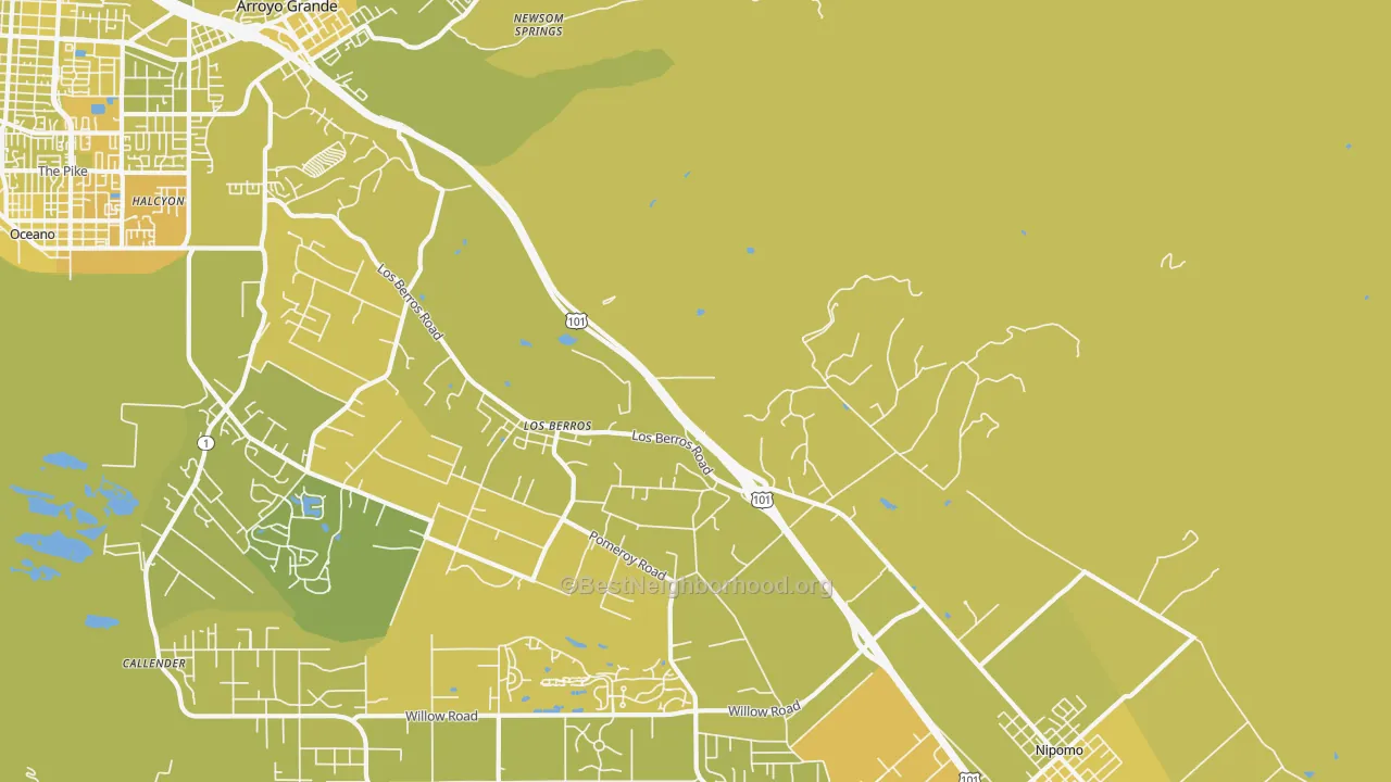 Map of the best neighborhoods in the Los Berros area, with better matches in green and worse matches in red