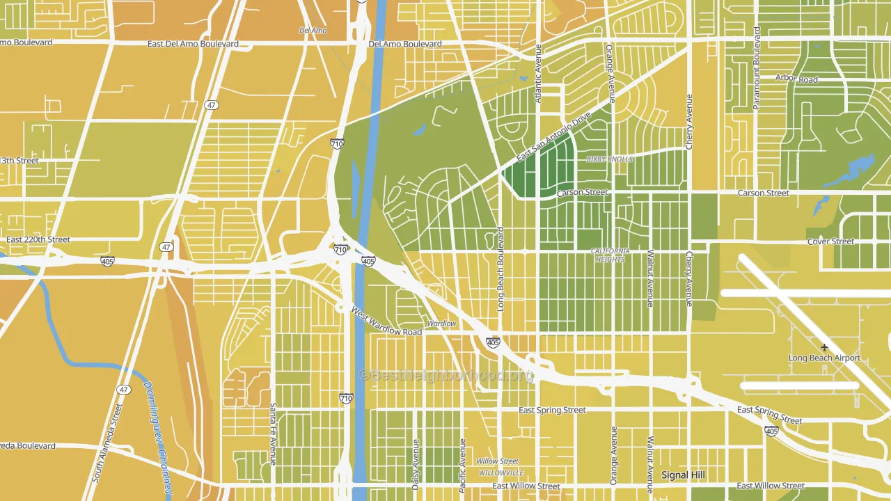 Map of the best neighborhoods in the Los Cerritos, Long Beach area, with better matches in green and worse matches in red