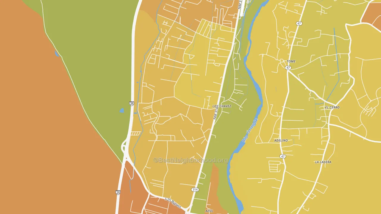 Map of the best neighborhoods in the Los Chaves area, with better matches in green and worse matches in red