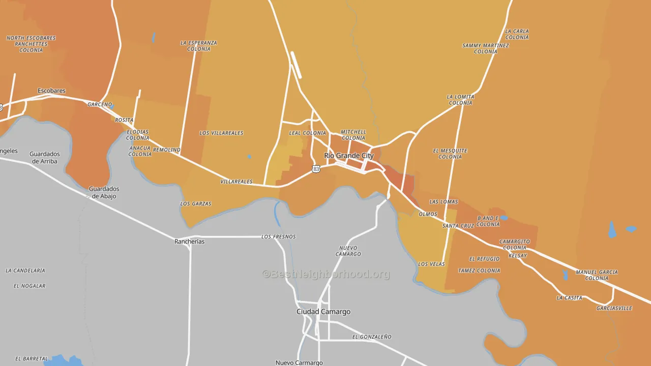 Map of the best neighborhoods in the Los Ebanos area, with better matches in green and worse matches in red