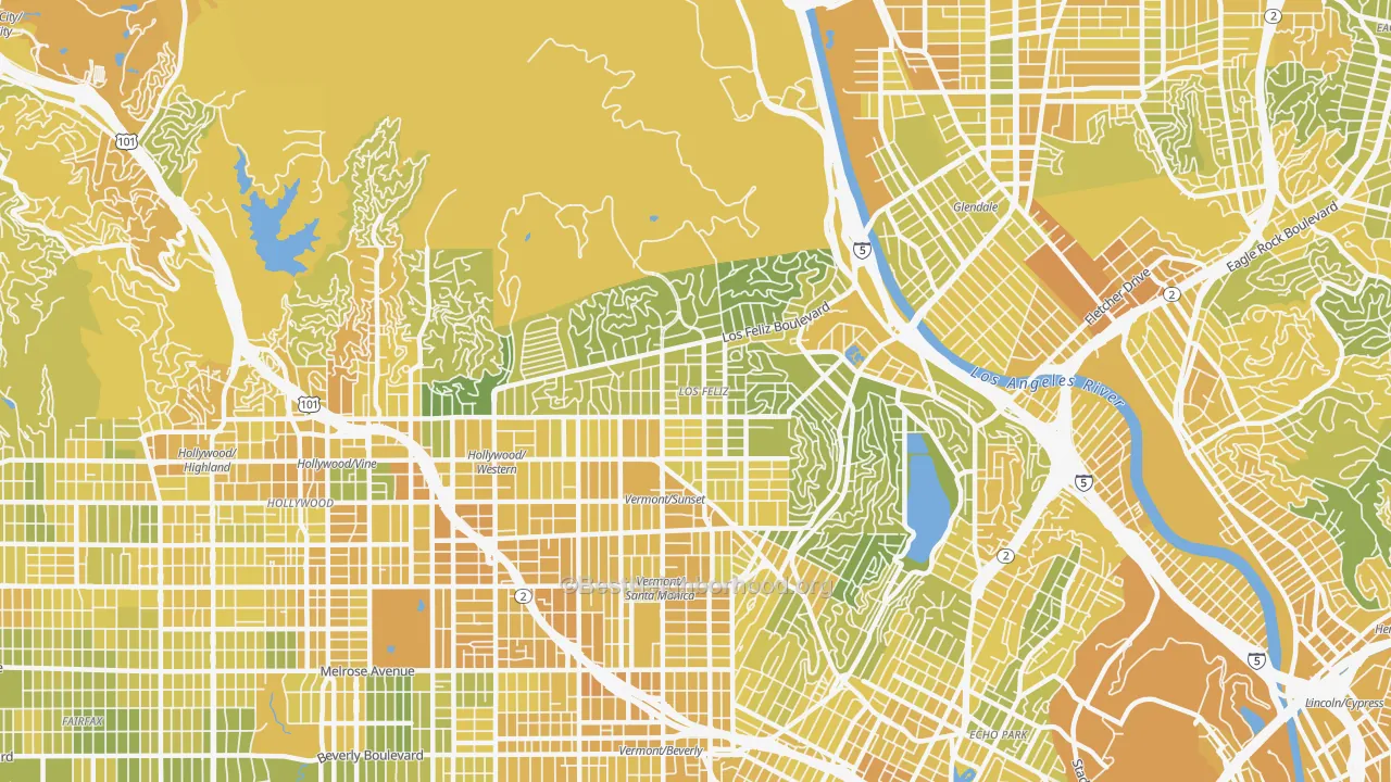 Map of the best neighborhoods in the Los Feliz, Los Angeles area, with better matches in green and worse matches in red