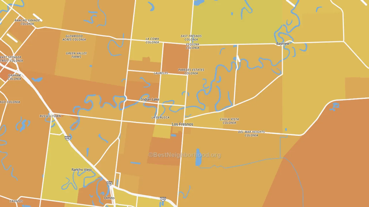Map of the best neighborhoods in the Los Fresnos area, with better matches in green and worse matches in red