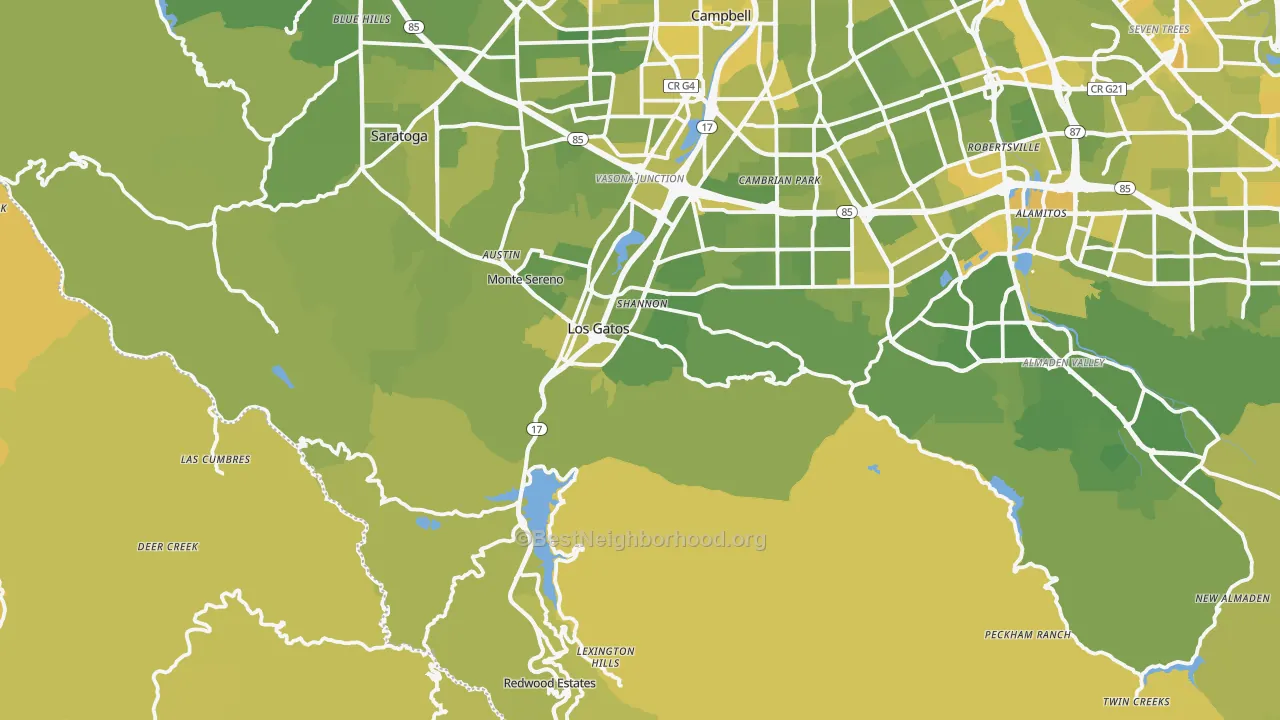 Map of the best neighborhoods in the Los Gatos area, with better matches in green and worse matches in red