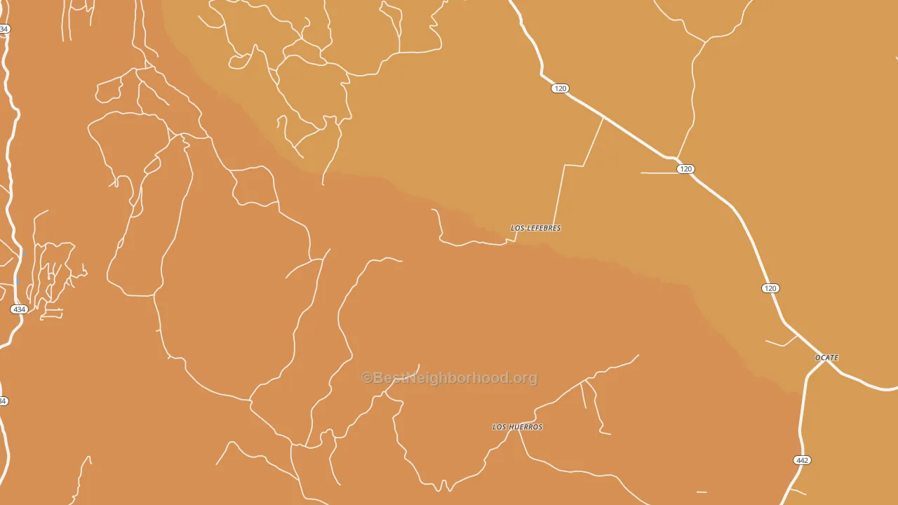 Map of the best neighborhoods in the Los Hueros area, with better matches in green and worse matches in red