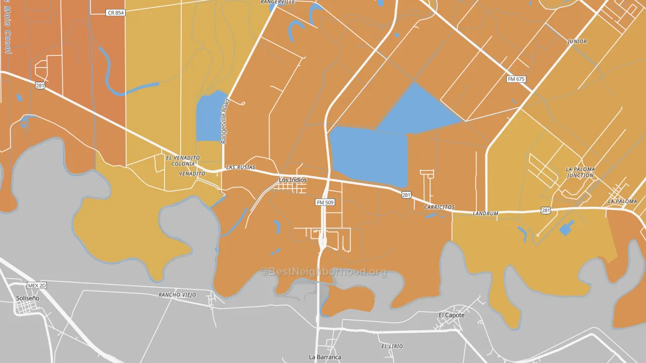 Map of the best neighborhoods in the Los Indios area, with better matches in green and worse matches in red