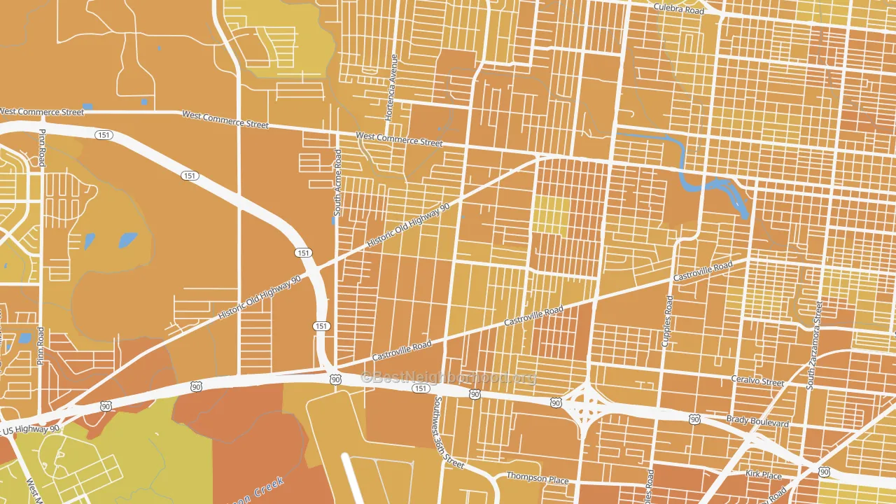 Map of the best neighborhoods in the Los Jardines, San Antonio area, with better matches in green and worse matches in red