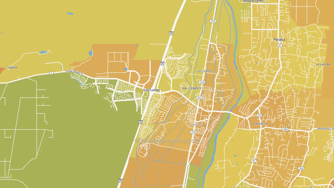 Map of the best neighborhoods in the Los Lentes area, with better matches in green and worse matches in red