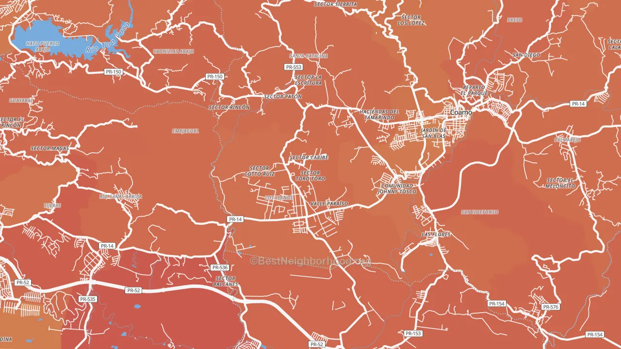 Map of the best neighborhoods in the Los Llanos area, with better matches in green and worse matches in red