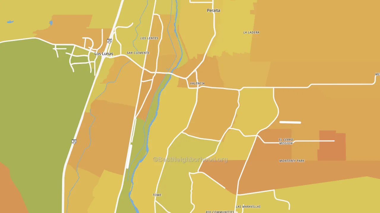Map of the best neighborhoods in the Los Lunas area, with better matches in green and worse matches in red