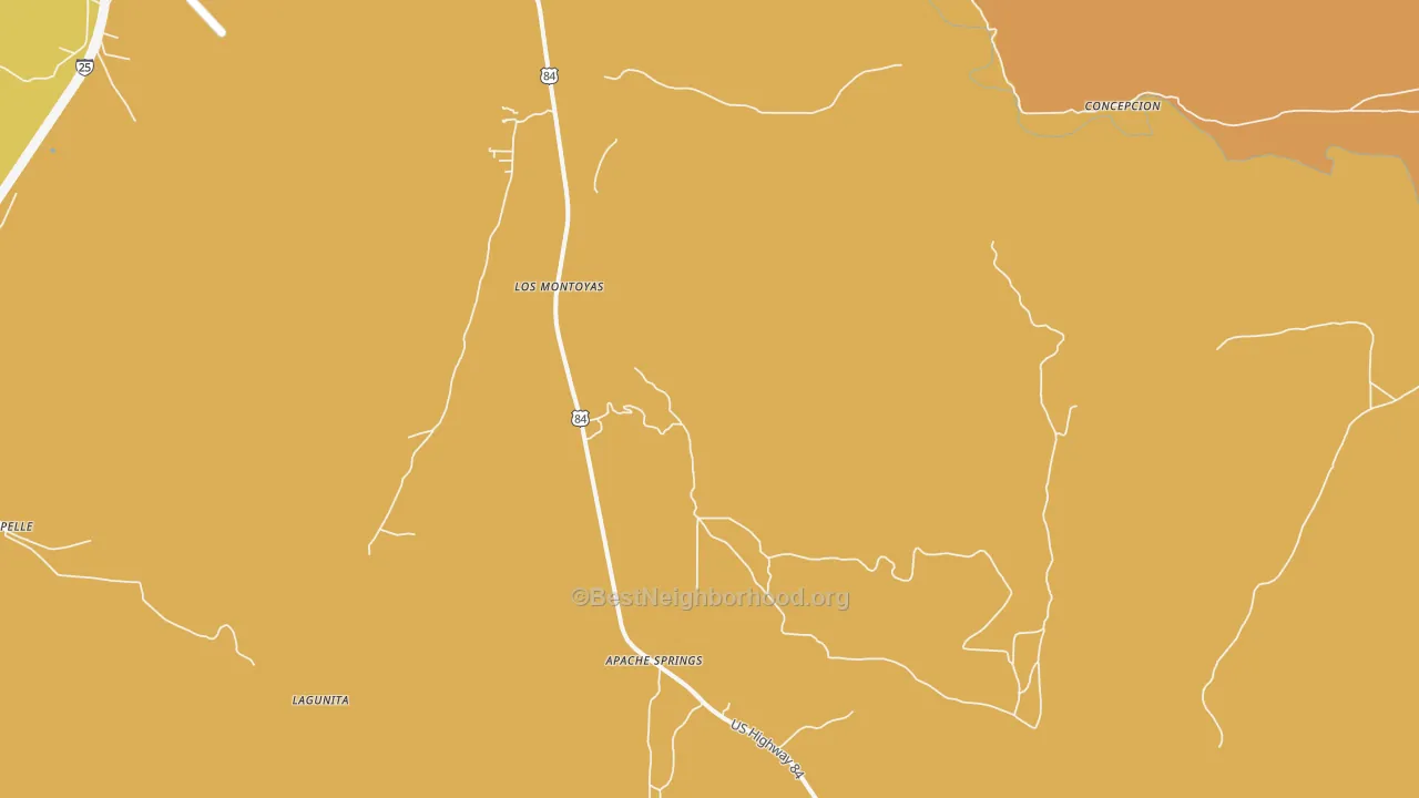 Map of the best neighborhoods in the Los Montoyas area, with better matches in green and worse matches in red