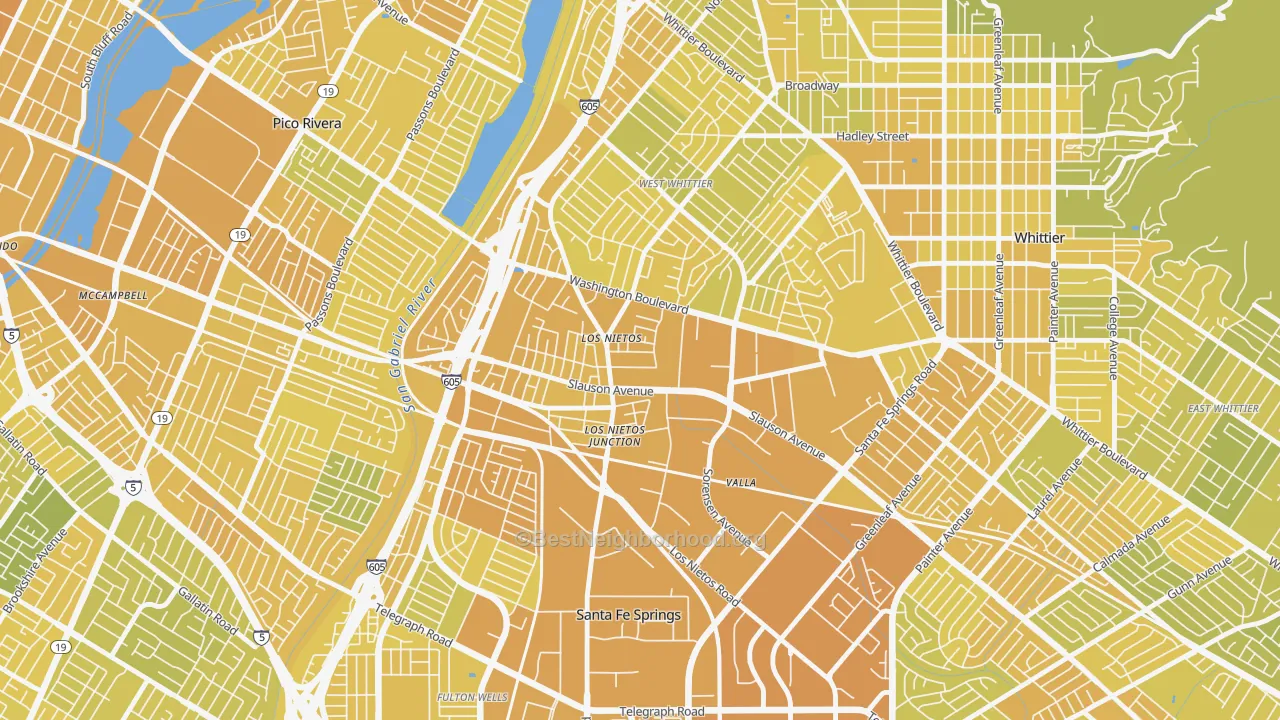Map of the best neighborhoods in the Los Neitos, West Whittier-Los Nietos area, with better matches in green and worse matches in red
