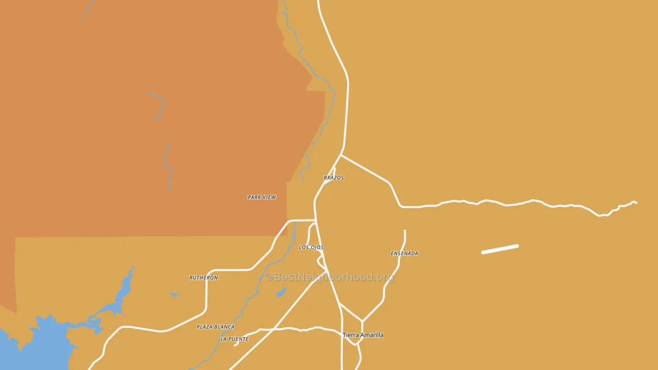 Map of the best neighborhoods in the Los Ojos area, with better matches in green and worse matches in red