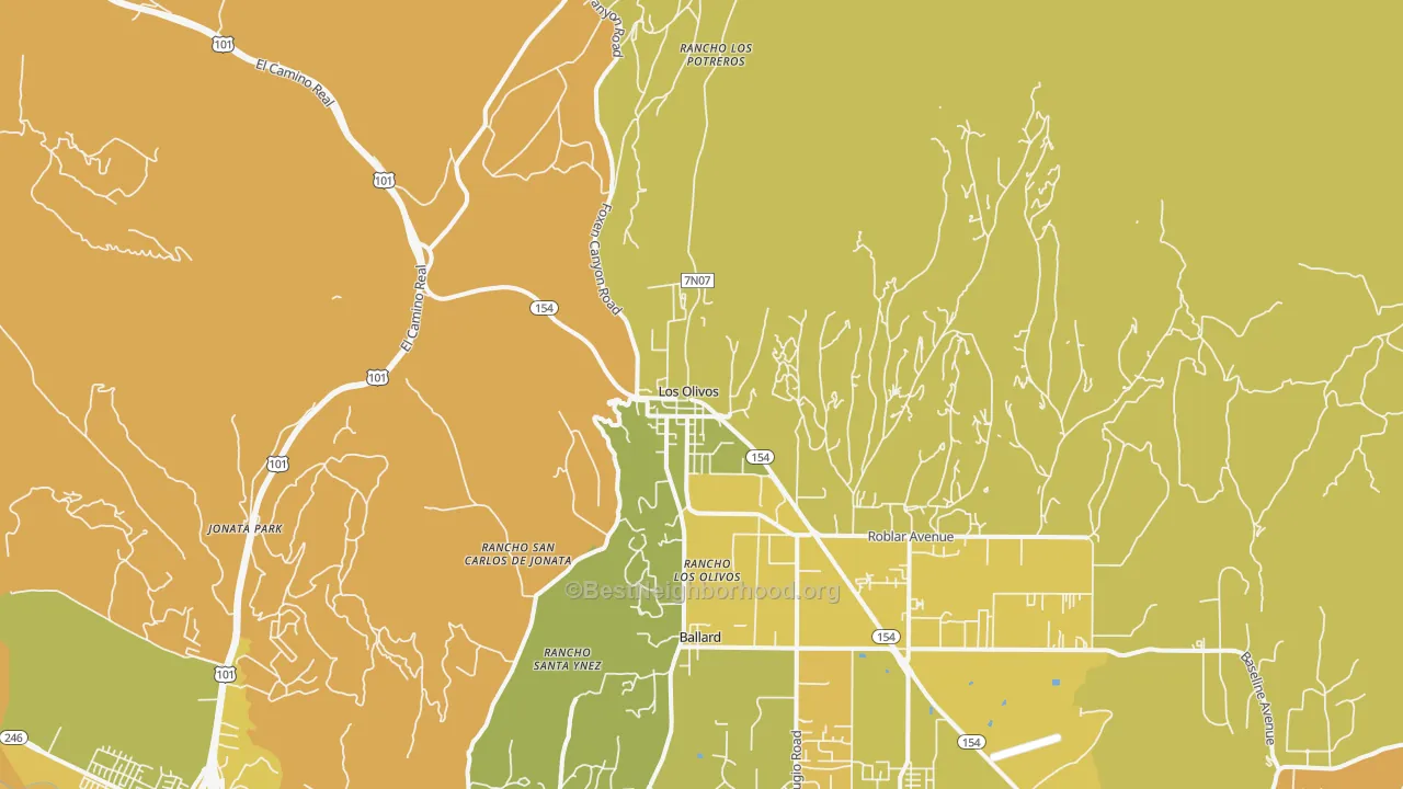 Map of the best neighborhoods in the Los Olivos area, with better matches in green and worse matches in red