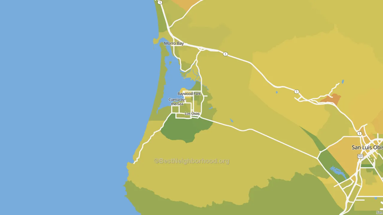 Map of the best neighborhoods in the Los Osos area, with better matches in green and worse matches in red