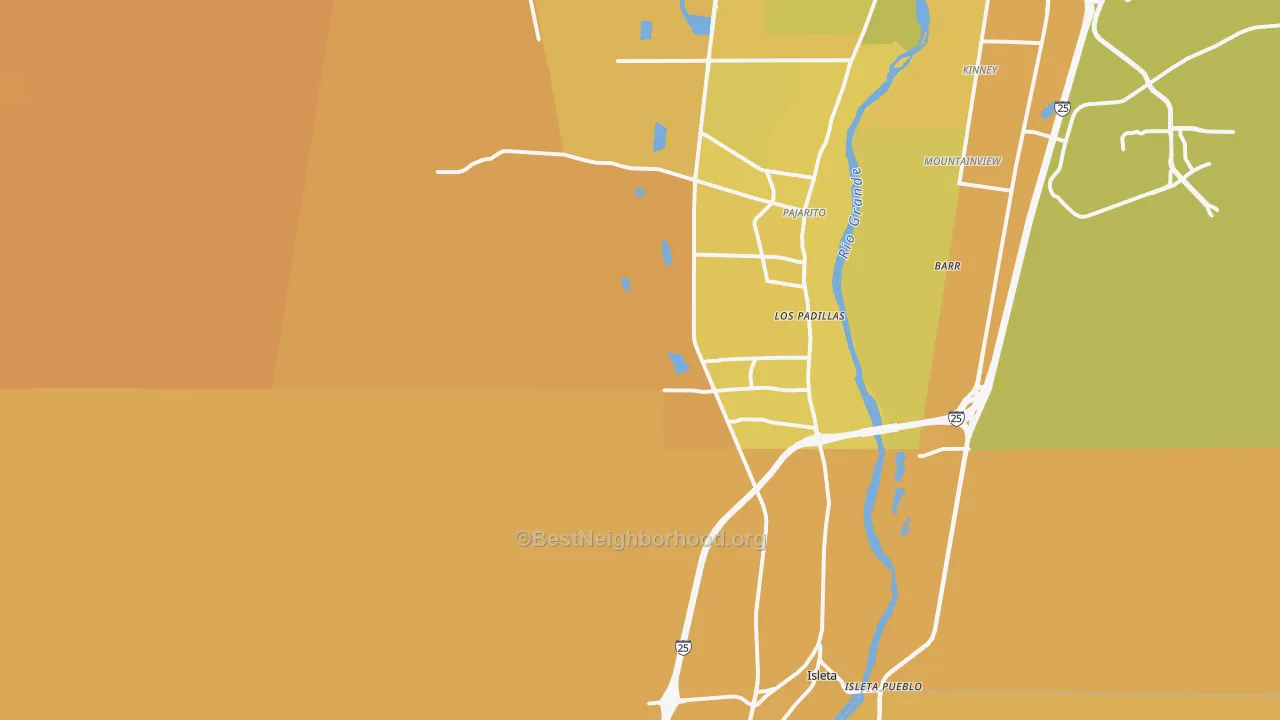 Map of the best neighborhoods in the Los Padillas area, with better matches in green and worse matches in red