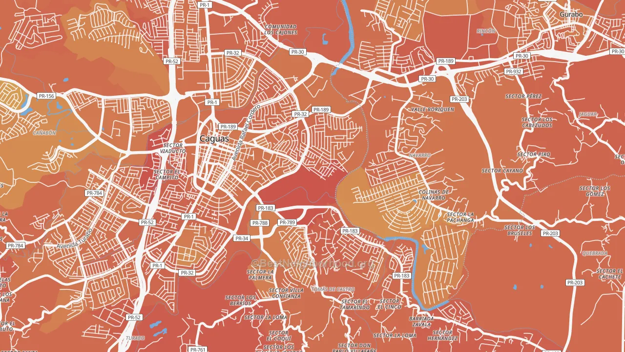 Map of the best neighborhoods in the Los Prados area, with better matches in green and worse matches in red