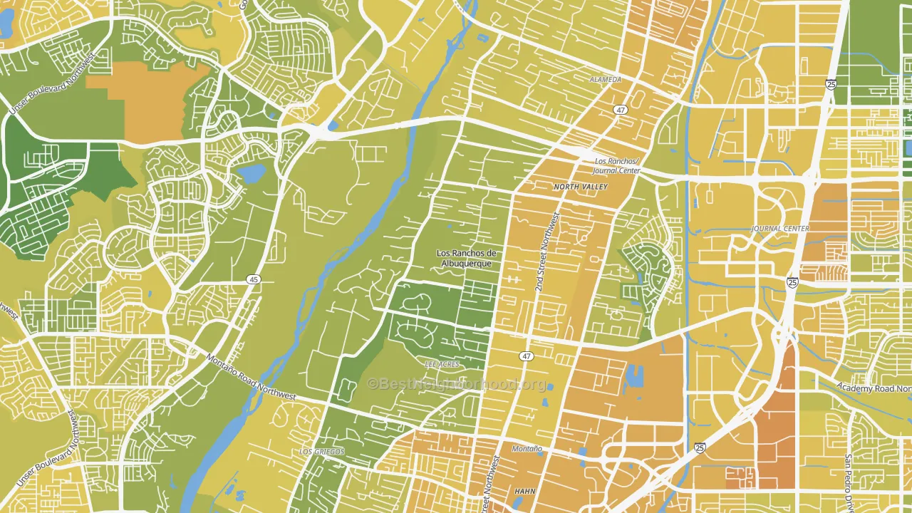 Map of the best neighborhoods in the Los Ranchos de Albuquerque area, with better matches in green and worse matches in red