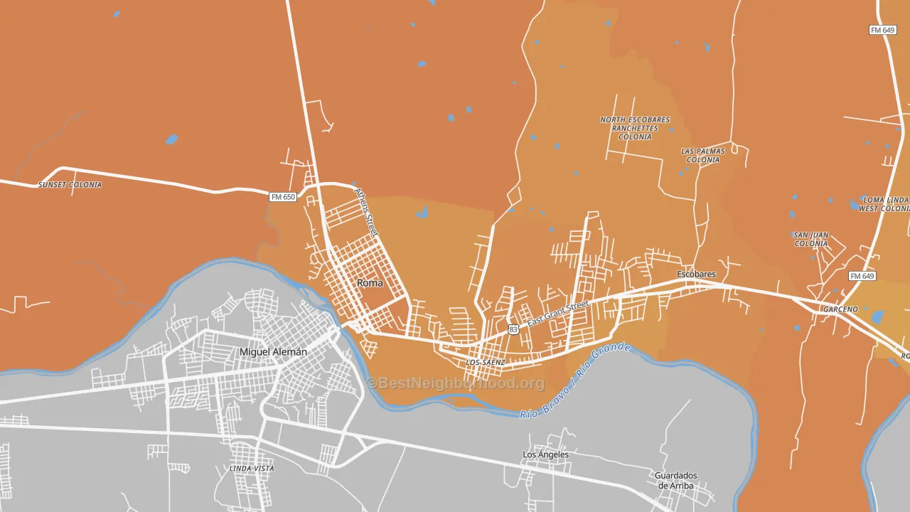 Map of the best neighborhoods in the Los Saenz area, with better matches in green and worse matches in red