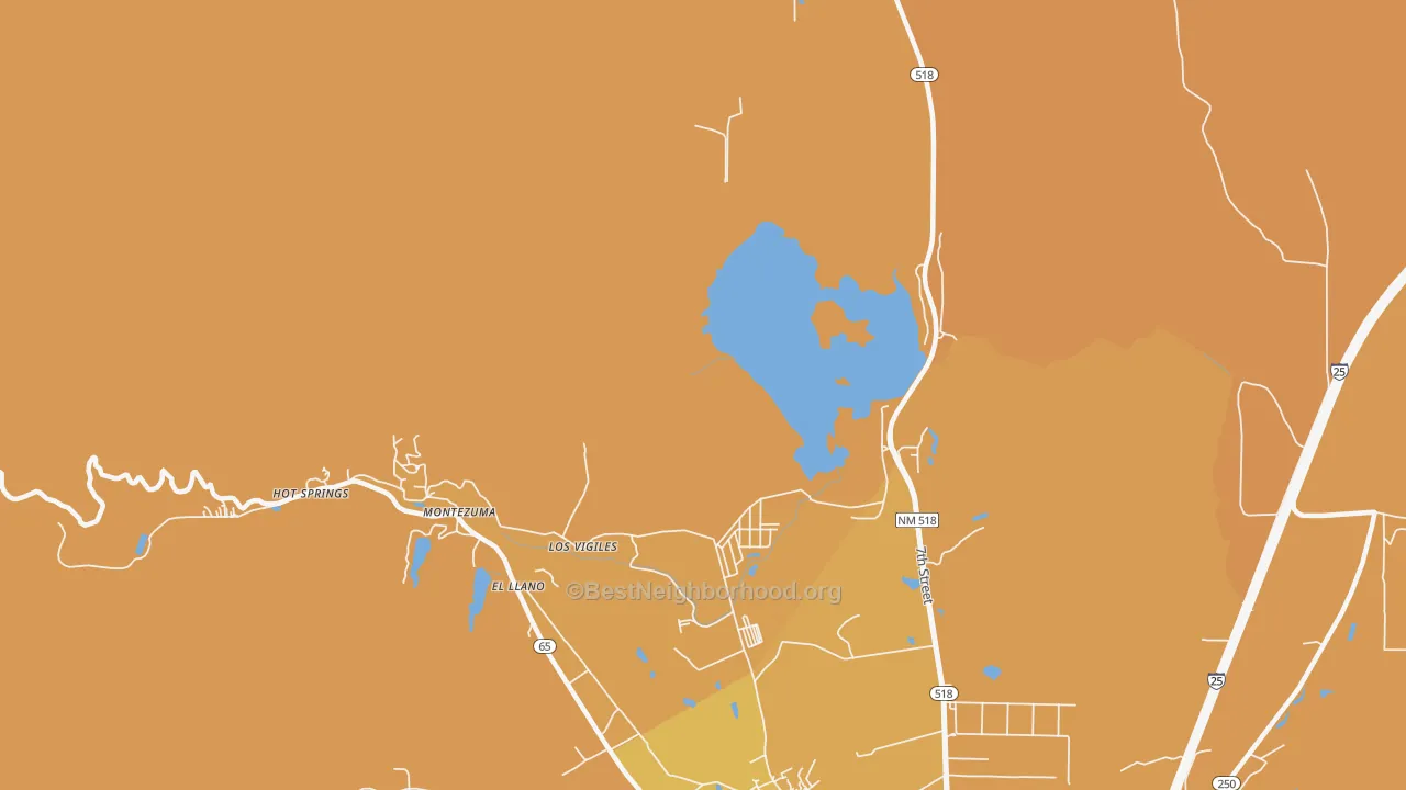 Map of the best neighborhoods in the Los Vigiles area, with better matches in green and worse matches in red