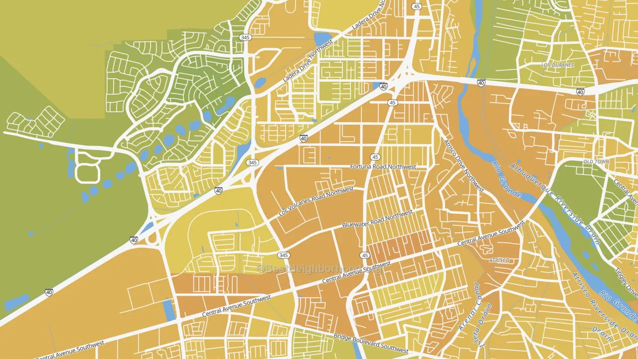 Map of the best neighborhoods in the Los Volcanes, Albuquerque area, with better matches in green and worse matches in red