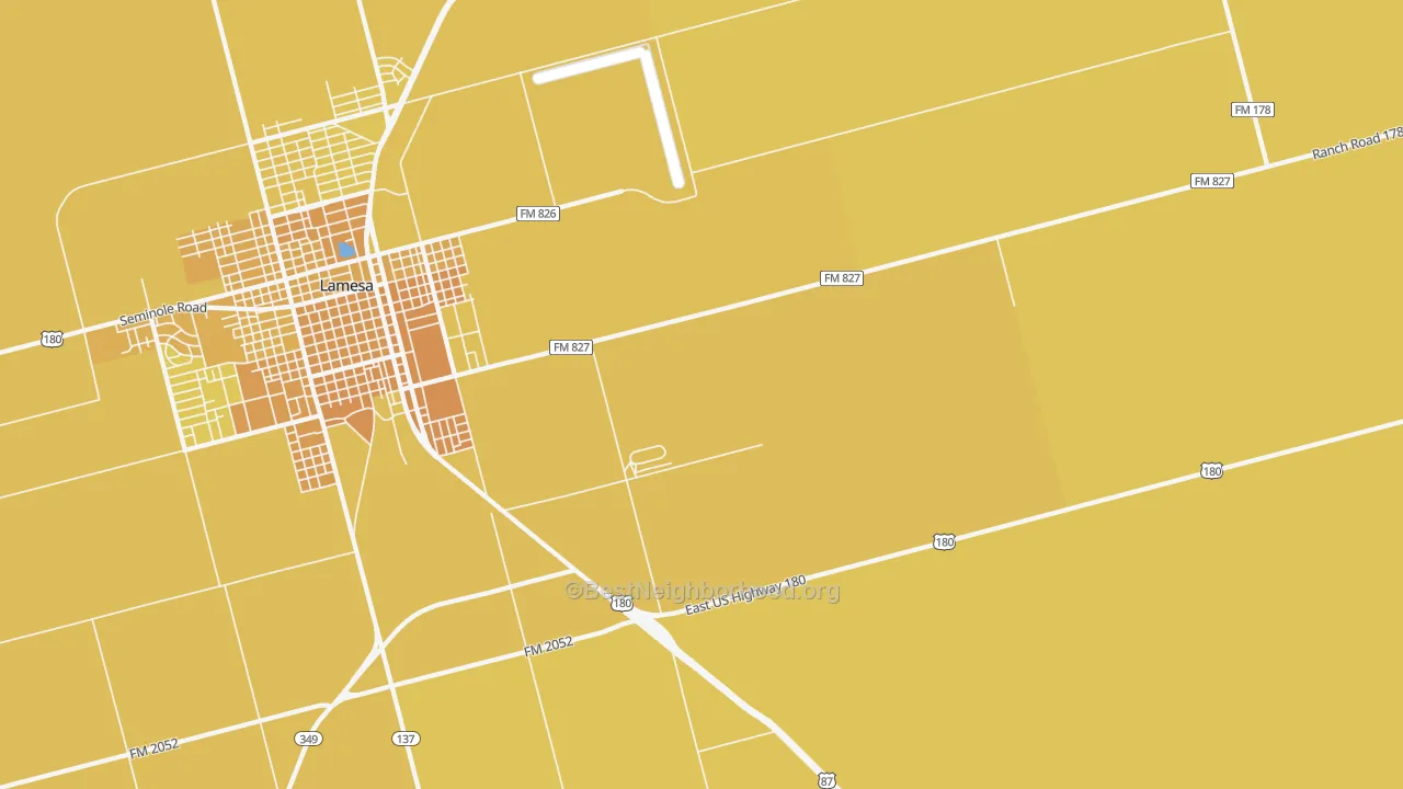 Map of the best neighborhoods in the Los Ybanez area, with better matches in green and worse matches in red