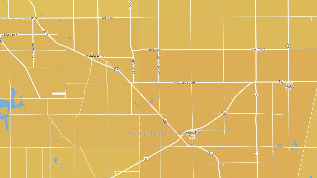 Map of the best neighborhoods in the Losantville area, with better matches in green and worse matches in red