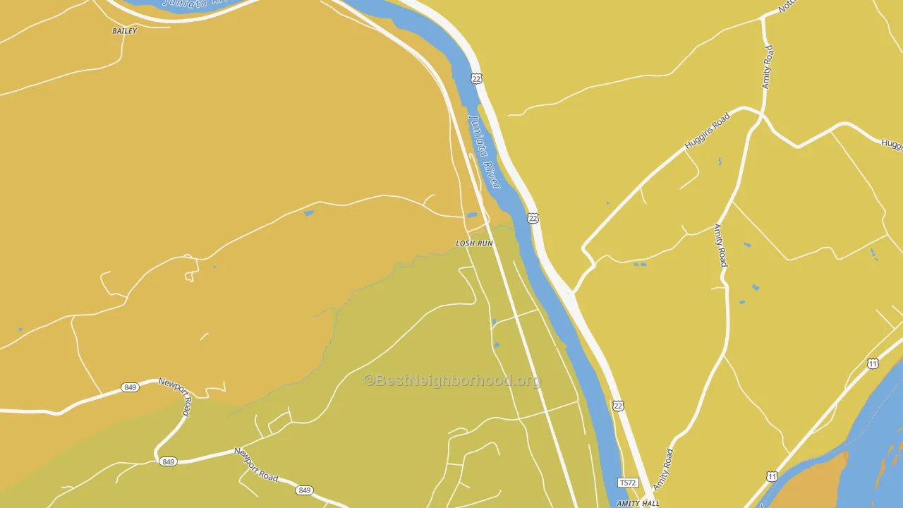 Map of the best neighborhoods in the Losh Run area, with better matches in green and worse matches in red