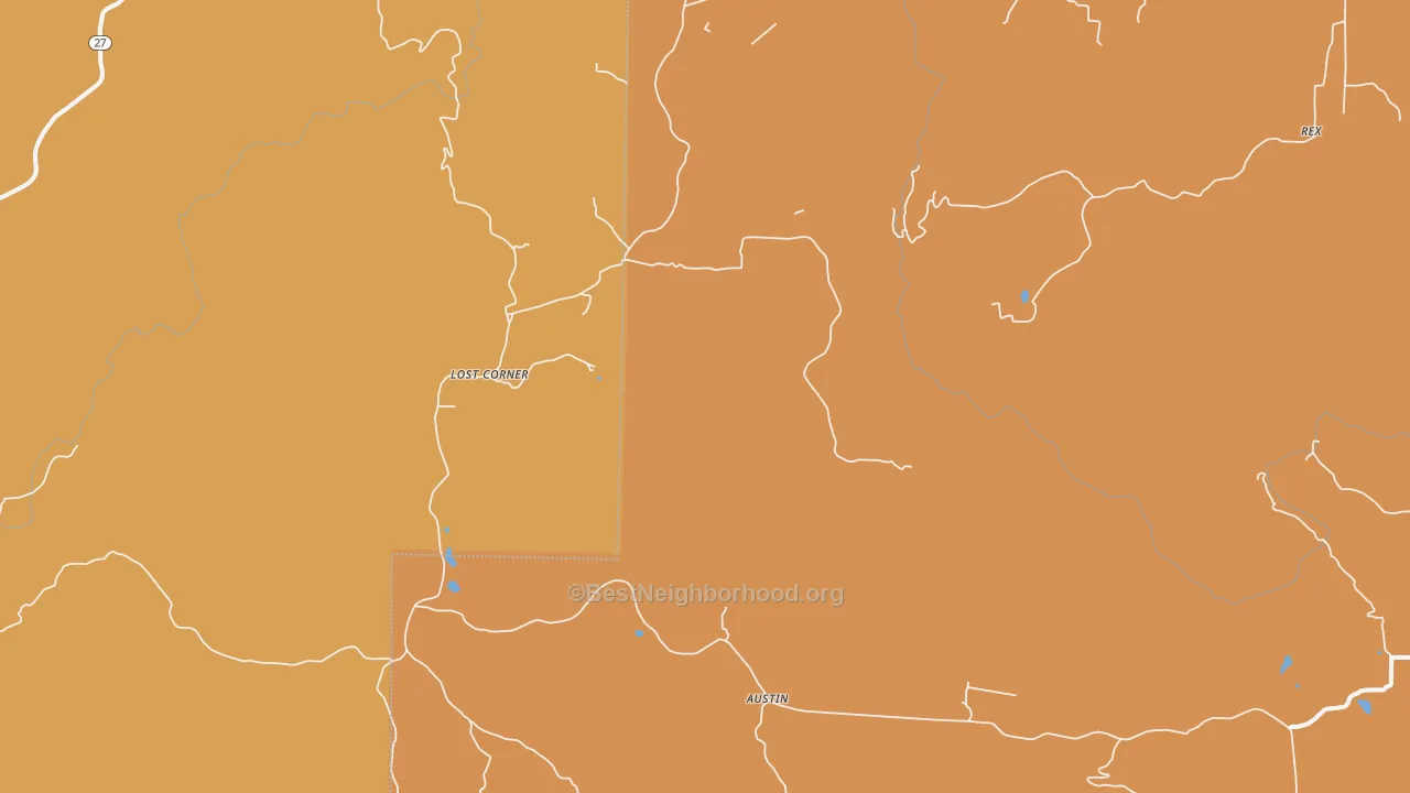 Map of the best neighborhoods in the Lost Corner area, with better matches in green and worse matches in red