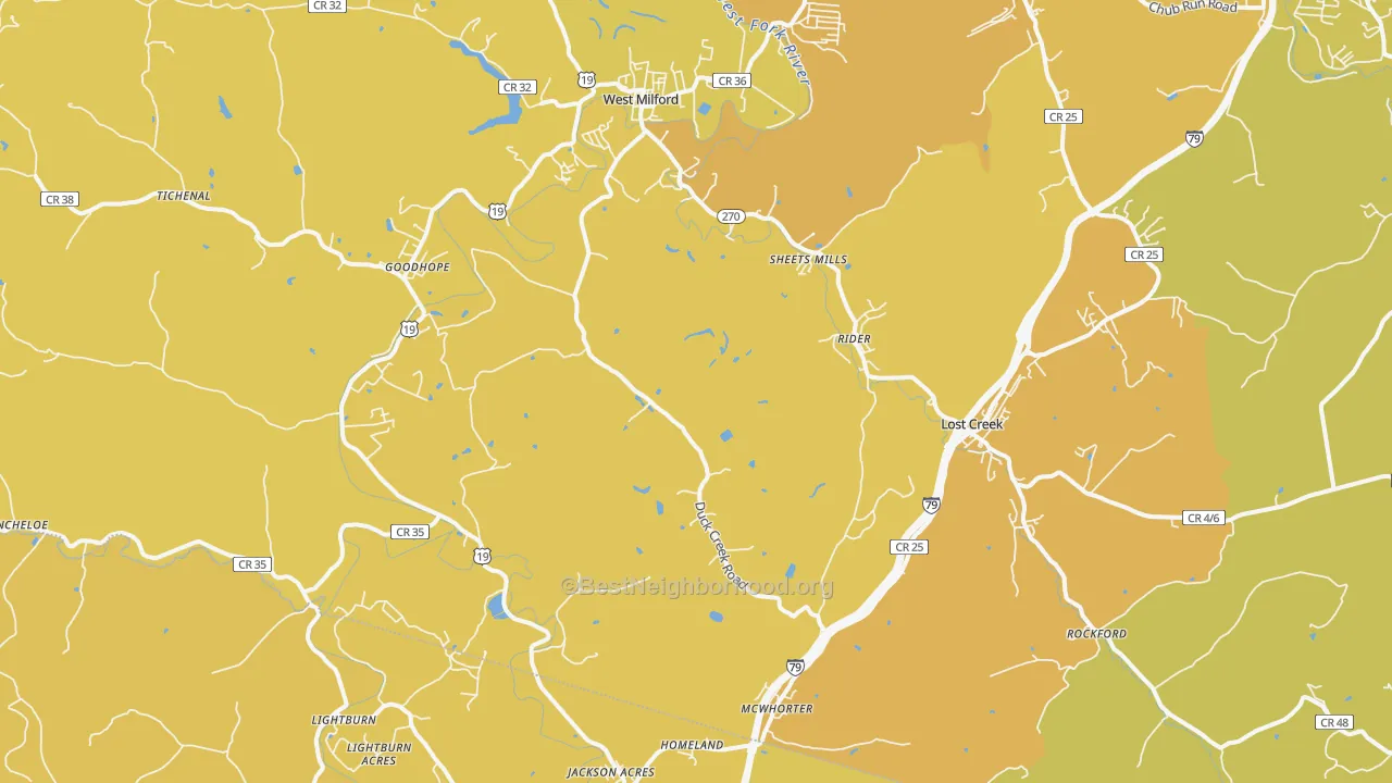 Map of the best neighborhoods in the Lost Creek area, with better matches in green and worse matches in red