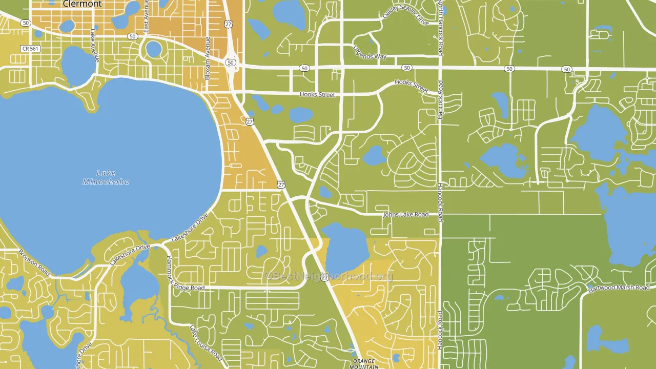 Map of the best neighborhoods in the Lost Lake, Clermont area, with better matches in green and worse matches in red
