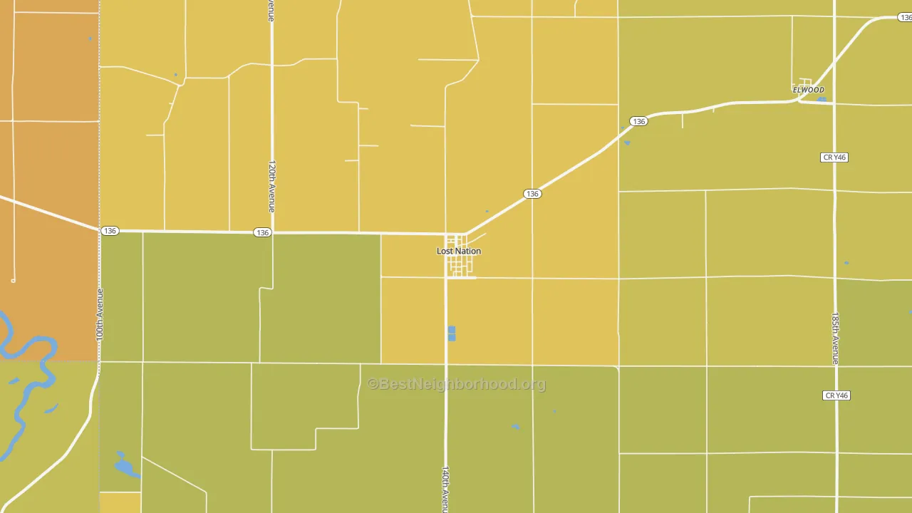 Map of the best neighborhoods in the Lost Nation area, with better matches in green and worse matches in red