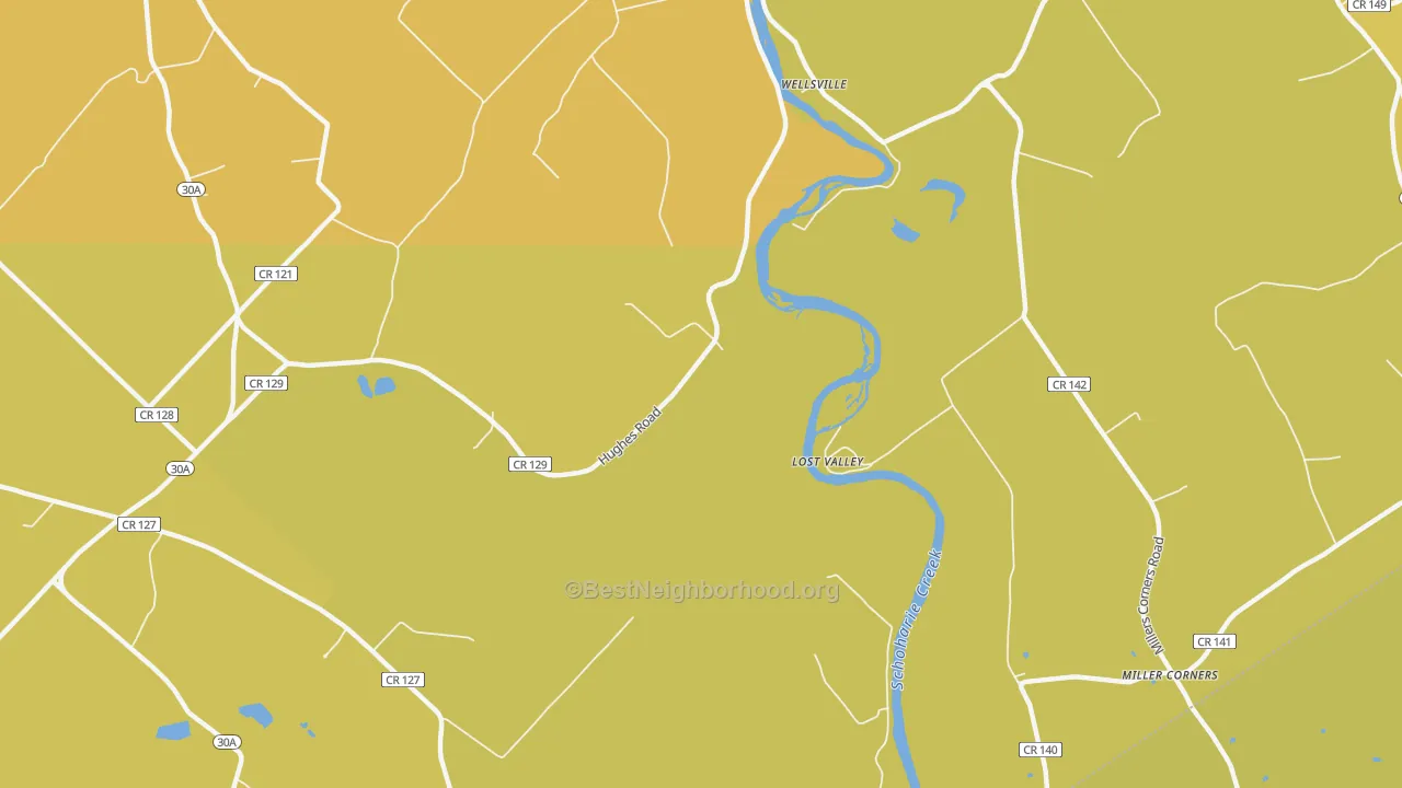 Map of the best neighborhoods in the Lost Valley area, with better matches in green and worse matches in red