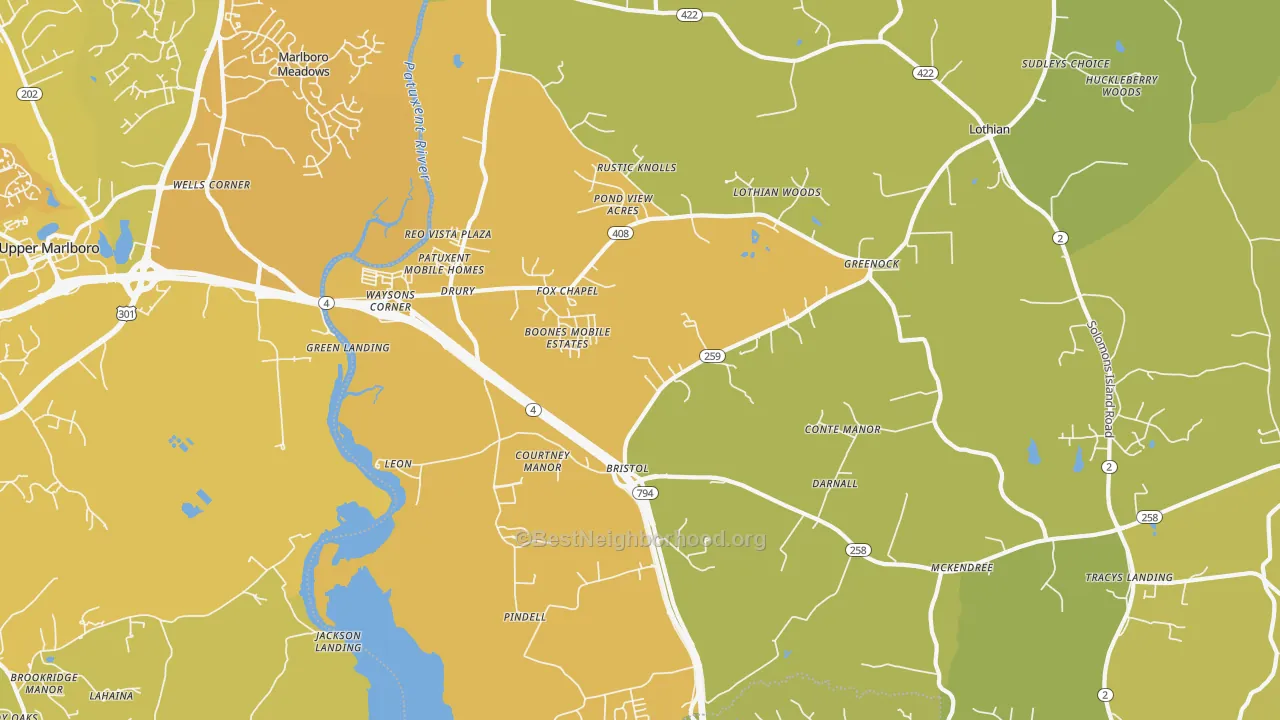 Map of the best neighborhoods in the Lothian area, with better matches in green and worse matches in red
