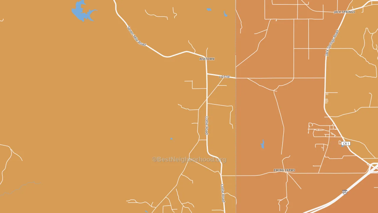 Map of the best neighborhoods in the Lottie area, with better matches in green and worse matches in red
