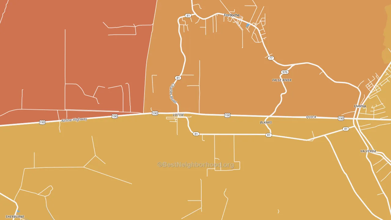 Map of the best neighborhoods in the Lottie area, with better matches in green and worse matches in red