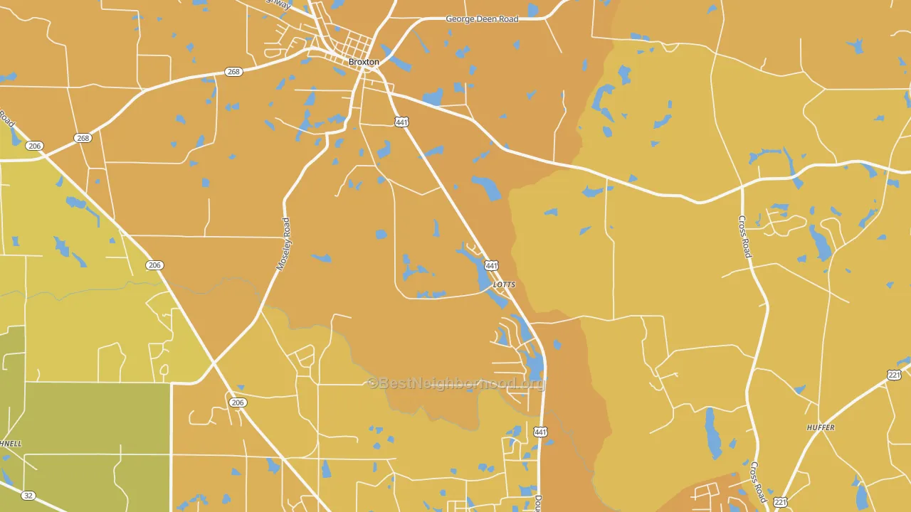 Map of the best neighborhoods in the Lotts area, with better matches in green and worse matches in red