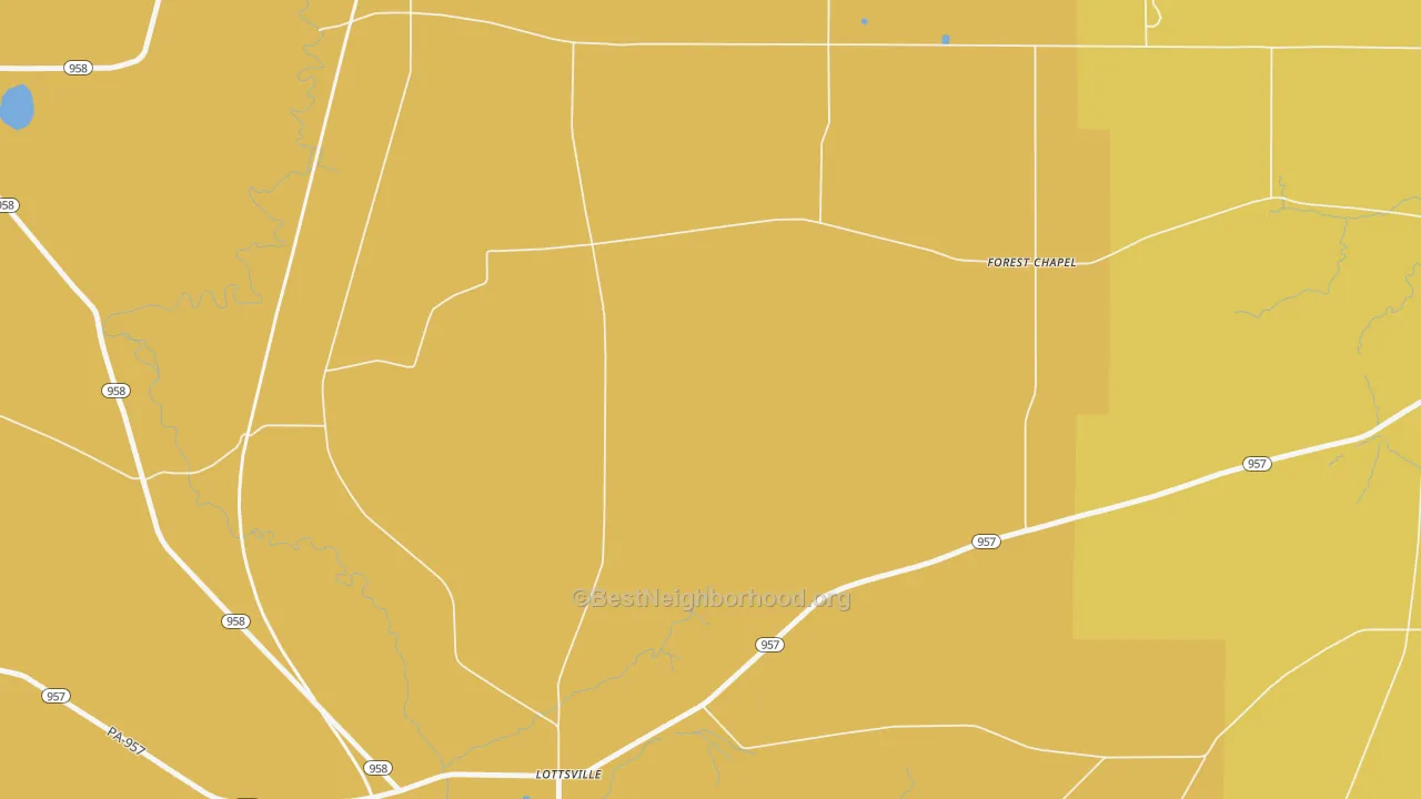 Map of the best neighborhoods in the Lottsville area, with better matches in green and worse matches in red