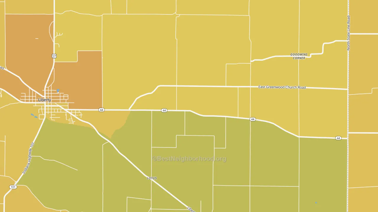 Map of the best neighborhoods in the Lotus area, with better matches in green and worse matches in red