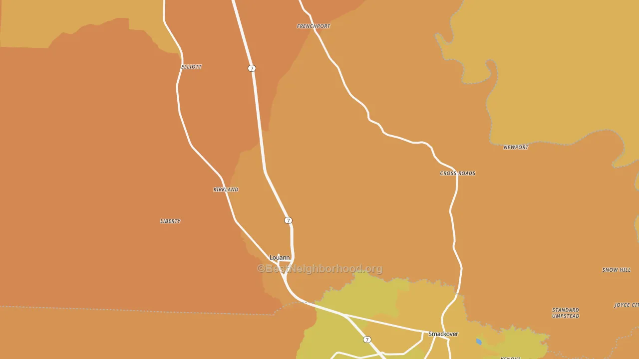 Map of the best neighborhoods in the Louann area, with better matches in green and worse matches in red