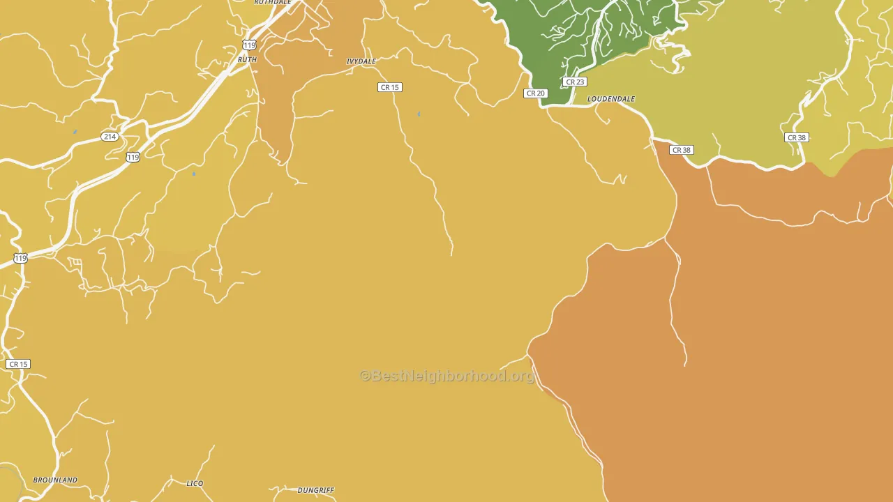 Map of the best neighborhoods in the Loudendale area, with better matches in green and worse matches in red