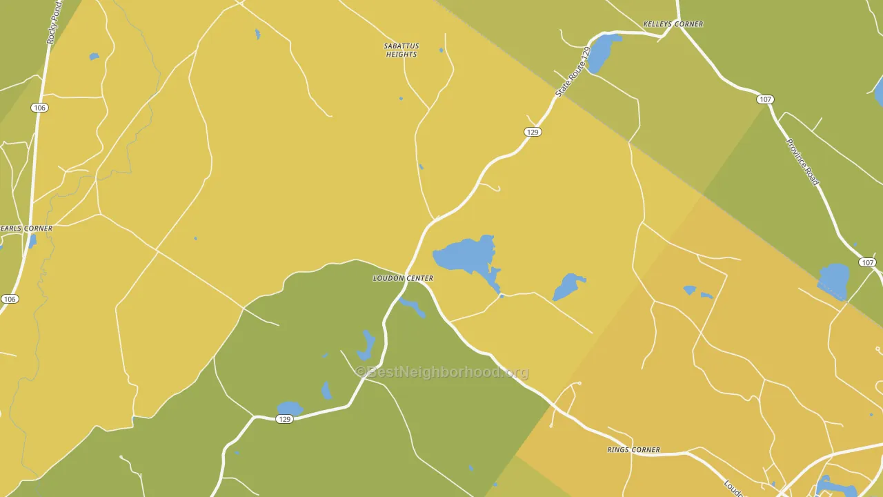 Map of the best neighborhoods in the Loudon Center area, with better matches in green and worse matches in red