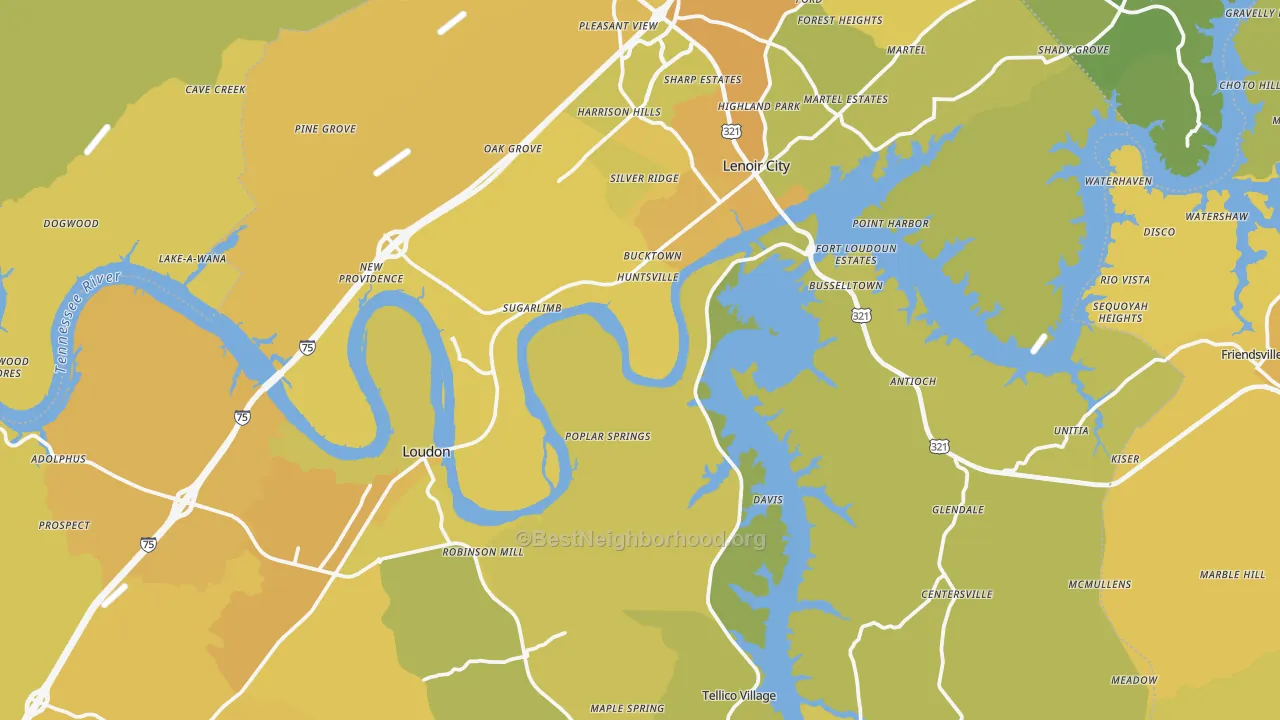 Map of the best neighborhoods in the Loudon County area, with better matches in green and worse matches in red