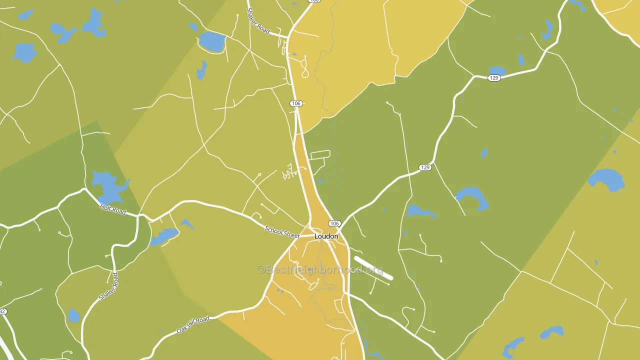 Map of the best neighborhoods in the Loudon area, with better matches in green and worse matches in red