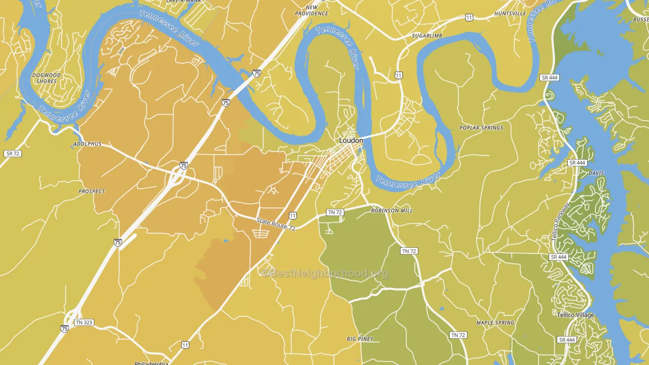 Map of the best neighborhoods in the Loudon area, with better matches in green and worse matches in red