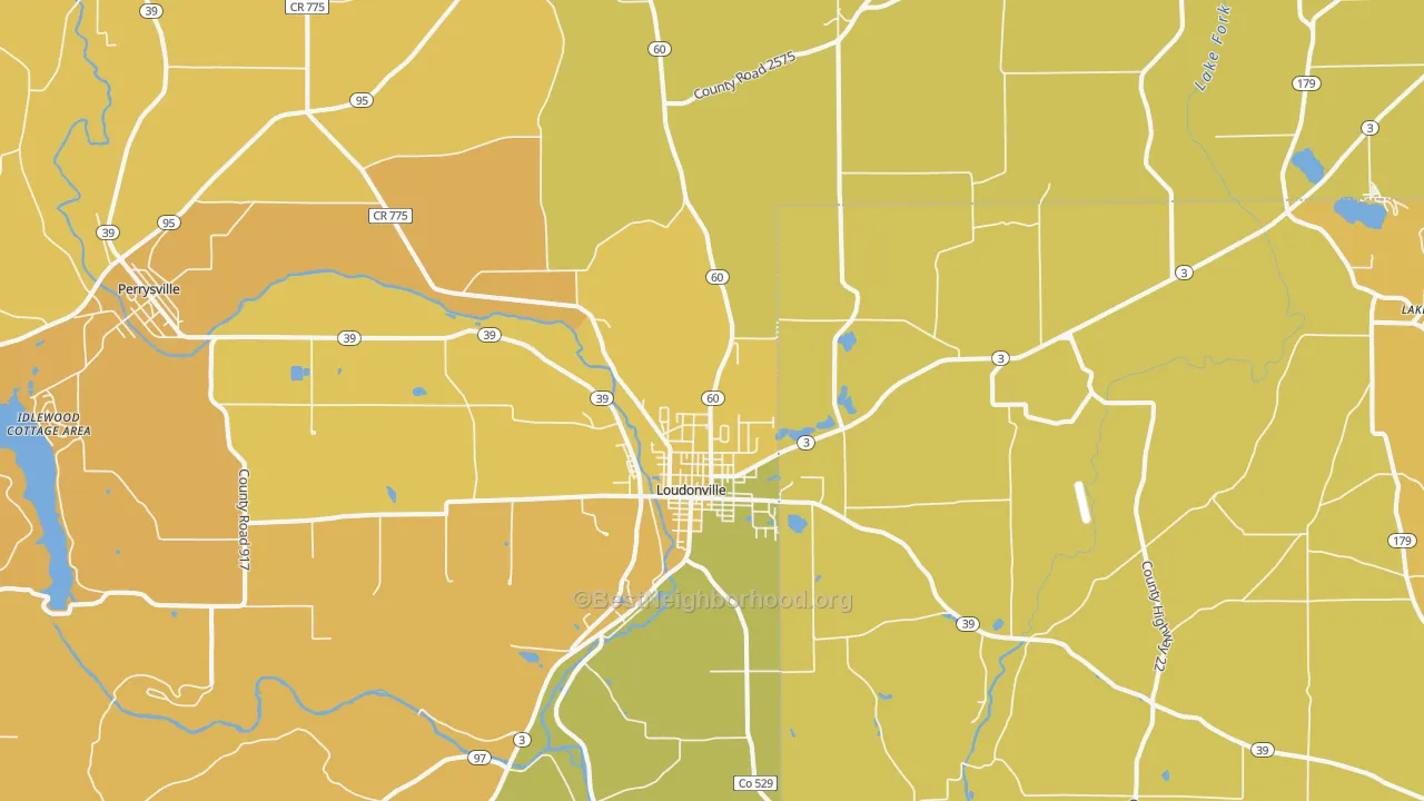 Map of the best neighborhoods in the Loudonville area, with better matches in green and worse matches in red